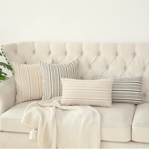 Luxury Home | Modern Farmhouse Beige Textured Linen Striped Throw Pillow Covers - Picture 5 of 6